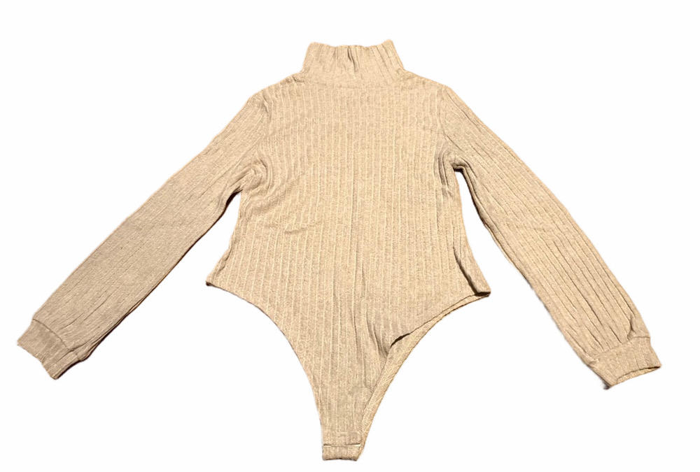 Ribbed Turtleneck Bodysuit Sweater in Light Beige